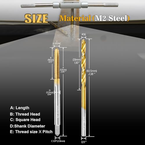 6-32 UNC Tap and #36 Drill Bit Set,M2 HSS Threading Drill and Tap Set - size: 6-32 UNC Tap & #36 Drill