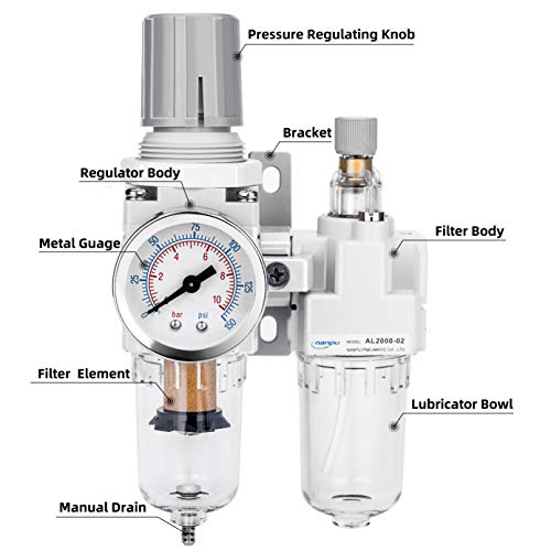 NANPU 1/4" NPT Compressed Air Filter Regulator Lubricator Combo Water/Oil Trap Separator - Gauge(0-150 psi), Poly Bowl, Semi-Auto Drain, Bracket - 3 in 1 Two Unit - size: 1/4" NPT, style: Semi-Auto Drain