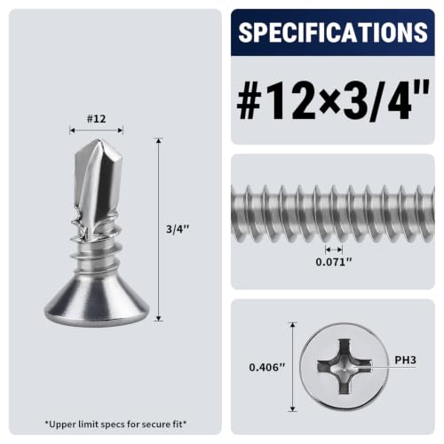 #12 x 3/4" Phillips Flat Head Sheet Metal Screws, Stainless Steel 410 Self Drilling Screws for Metal, Countersunk Head, Phillips Drive, Self Tapping, 50 Pack - size: #12 x 3/4"