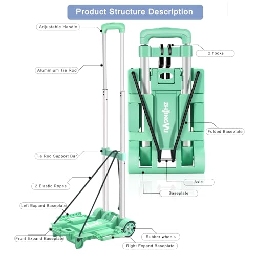 Folding Hand Truck Dolly Cart,Collapsible Shopping Trolley,Mini Lightweight Hand Dolly,Backpack Trolley,Luggage Cart,Aluminum Telescopic Rod,2 Wheel Trolley Expandable Large Chassis,Mint Green - color: 2 Wheel Aluminium Green