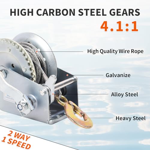 Boat Trailer Winch 1200lbs Hand Winch Heavy Duty Hook with 10m/33ft Steel Cable Hand Crank Ratchet Winch and Ratio 4.1:1 Gear 1 Speed Switchable 2 Way for Boat Trailer Marine Truck ATV - style: 1200LBS