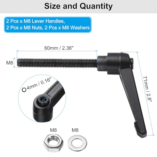 uxcell 2pcs Lever Adjustable Handles M8 x 60mm Metric Male Thread with Nuts Washers, Level Clamping Handle Set Hand Stud Knobs Rotating Screw Handles Bolts with Locking Lever, Black - size: M8 x 60mm