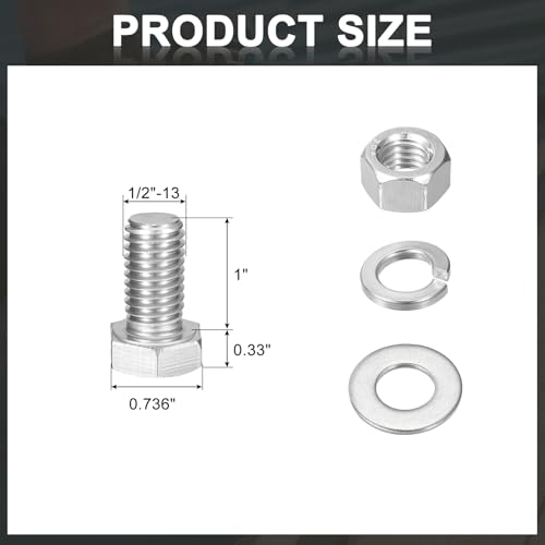 uxcell 20Set Hex Head Screw Bolt, 1/2-13 x 1 304 Stainless Steel Fully Threaded Screw Bolt with Nuts, Flat & Lock Washers, Silver - size: 1/2-13 x 1"