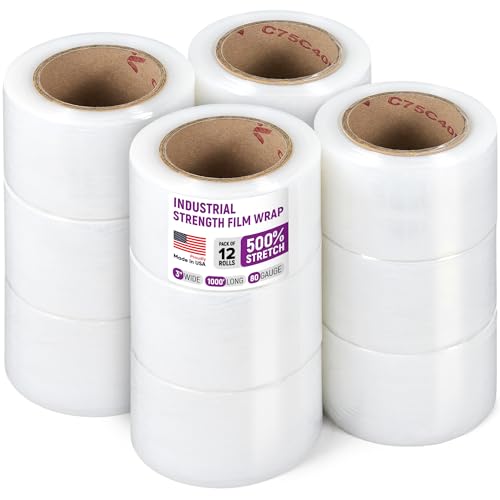 3" x 1000' Industrial Strength Stretch Wrap, Ready to Use Pack of 12 Mini Rolls, Clear Plastic Film, 80 Gauge Thick, 500% Elongation – Heavy-Duty Shrink Wrap for Moving, Packing - color: 3" Wide, size: Pack of 12