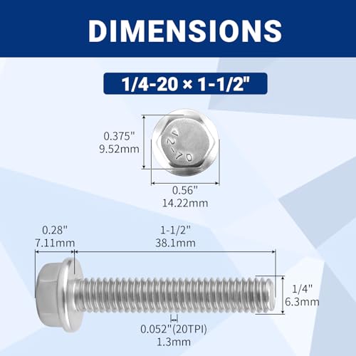 20pcs 1/4-20 x 1-1/2" Flange Hex Head Bolts (Non-Serrated), 304 SS - size: 1/4-20 x 1-1/2
