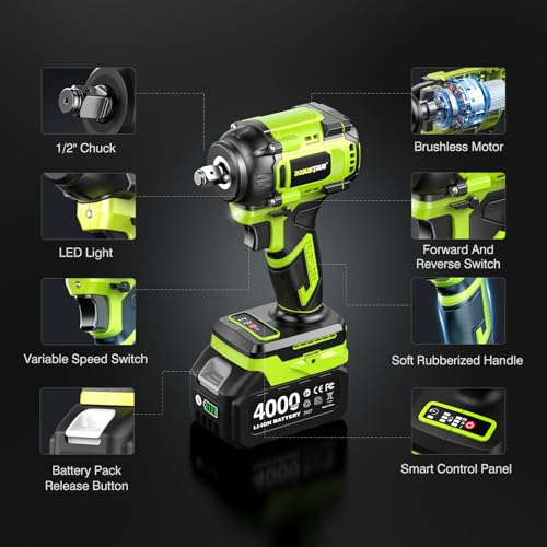 Robustrue Cordless Impact Wrench, 590Ft-lbs (800N.m) Brushless 1/2 inch, 2800RPM High Torque Impact Gun, 2x 4.0Ah Battery, Charger, 4 Sockets, Electric Impact Wrench for Car Home - size: 800N.m