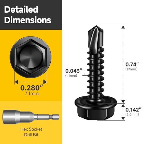 Mywish 100pcs #8 x 3/4" Self Drilling Screws for Metal, 410 Stainless Steel Hex Washer Head Self Drilling Screws, Black Oxided Self Tapping Sheet Metal Tek Screw Fast Tapping - size: #8x3/4"(100pcs)
