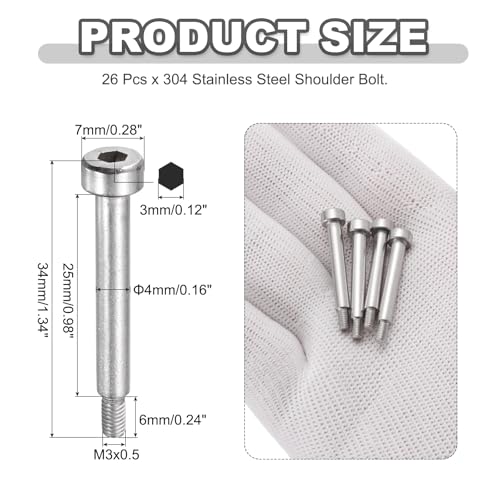 MECCANIXITY 26 Pcs 304 Stainless Steel Shoulder Bolt 4mm Shoulder Dia 25mm Shoulder Length M3x0.5 Thread Hex Socket Shoulder Bolts for Hydraulic Injection Molding Machinery Industries - size: 4mm x 25mm
