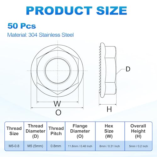 50Pcs Serrated Flange Hex Nuts-M5-0.8-Coarse 304 SS Bright Finish - color: Silver, size: M5-0.8
