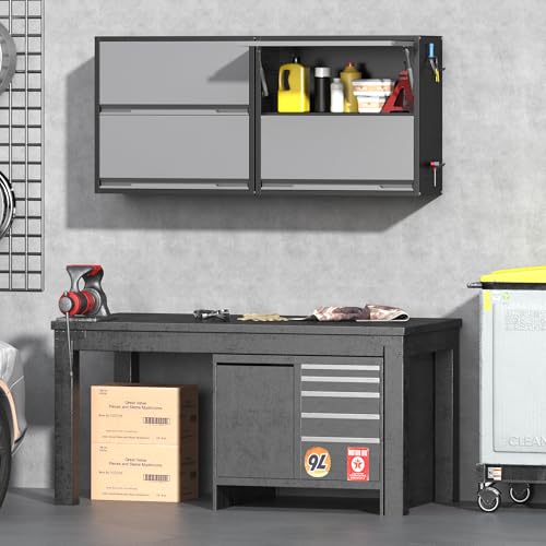 Metal Garage Wall Cabinet with Up-Flip Door, Black Float Tool Cabenit with 2 Doors,Upper Storage Cabinets with Pegboard for Kitchen,Garage,Workshop,Warehouse (25.6" H,Black&Gray) - color: Black&gray, size: 25.6"H Wall Cabinet(2-Door)
