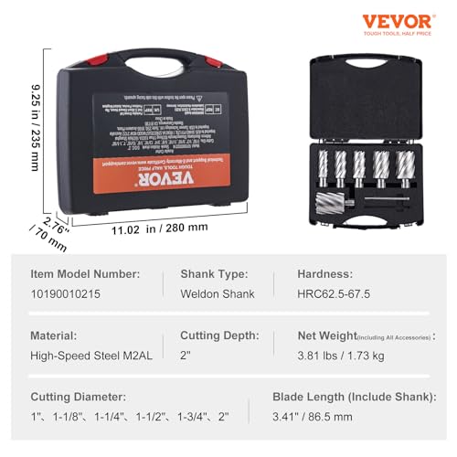 VEVOR Annular Cutter Set, 6 pcs Weldon Shank Mag Drill Bits, 2" Cutting Depth, 1" to 2" Cutting Diameter, M2AL High-Speed Steel, with 2 Pilot Pins and Portable Case, for Using with Magnetic Drills - size: 1" - 2" * 2"