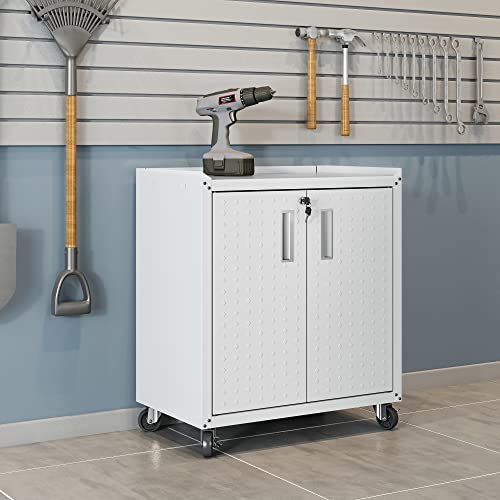 Manhattan Comfort Fortress Rolling Garage Storage Cabinet with 2 Adjustable Shelves, Lockable Metal Tool Compartment, Heavy-Duty Mobile Utility Organizer with Wheels, White - color: White, style: 2 Door Cabinet