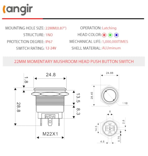 20Amp Latching Push Botton Switch 2PCS,22mm(0.866”) 12V-24V Black Shell AC/DC IP67 Waterproof with Blue LED Angel Eye Light On and Off with Wire Socket. - color: Blue, size: 22mm