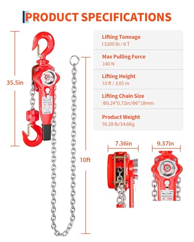 Manual Lever Chain Hoist, 13200 LBS, 6 Ton, 10ft, G80 Galvanized Carbon Steel with Weston Double-Pawl Brake, Auto Chain Leading & 360° Rotation Hook for Garage Factory Dock - size: 6T 10FT