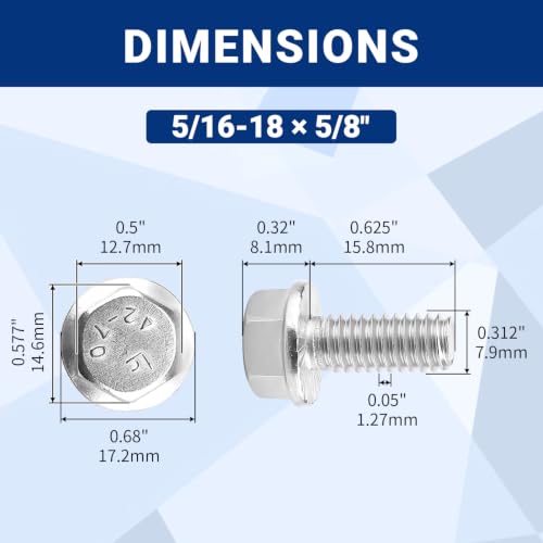 5/16-18 x 5/8" Flanged Hex Bolts (20 pcs), 18-8 (304) Stainless Steel, External Hex Drive, Hexagon Head Bolts Screws with Flange Washer, Fayeploo - color: Silver, size: 5/16-18 x 5/8
