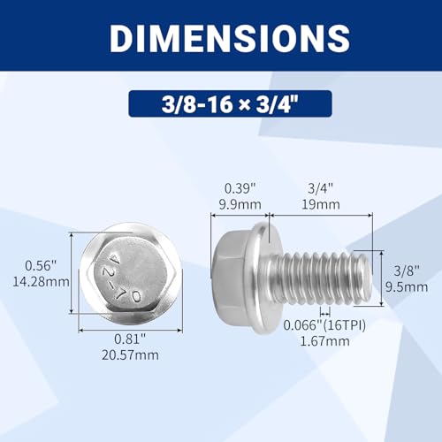 10pcs 3/8-16 x 3/4" Flange Hex Head Bolts (Non-Serrated), 304 SS - size: 3/8-16 x 3/4