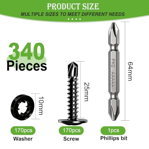 mxuteuk 340PCS #8×1" Self Drilling Screws, 410 Stainless Steel - size: BK #8×1"
