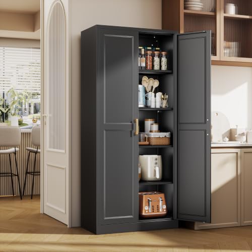 71" Tall Metal Kitchen Pantry Cabinet, Storage Cabinet with Doors - color: Black, size: 71"H-Square