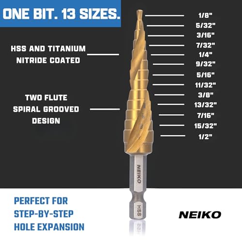 NEIKO 10602A Step Drill Bit, 13 Steps 1/8" to 1/2" Spiral High Speed Steel, Titanium Nitride Coated, 1/4" Quick Change Step Bits for Steel, Metal, Wood, Plastic, Unibit Cone Drill Bits, Two Flute - size: #1 (1/8 - 1/2", 13S), style: Spiral