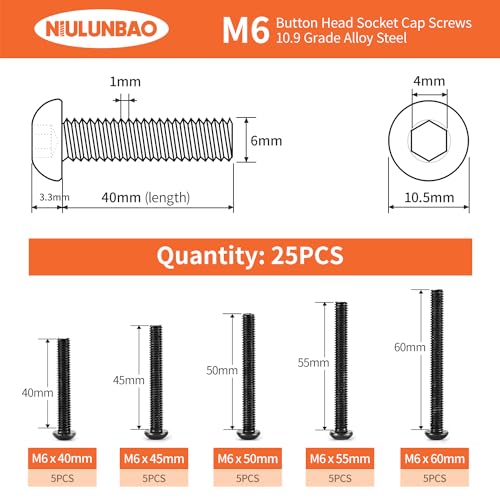 M6 x 40mm 45mm 50mm 55mm 60mm Button Head Socket Cap Screws Bolts 10.9 Grade Alloy Steel Metric Machine, Black Oxide Finish, Allen Hex Drive, Fully Threaded, Assortment Kit 25PCS - size: M6 x 40/45/50/55/60mm (25PCS)