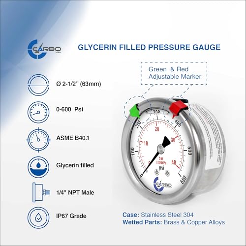 600 PSI Glycerin Liquid Filled Pressure Gauge, 2.5" Dial, 1/4 NPT Back Mount, 304 Stainless Steel Case, Brass Wetted Parts, Dual Scale PSI/Bar - ASME B40.1 Grade A - size: 0-600 PSI, style: STANDARD