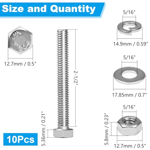 10 Sets 5/16-18x2-1/2 Hex Head Screw Bolt,Nuts,Flat & Lock Washers - size: 5/16-18x2-1/2"