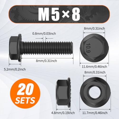 M5x8mm Flange Hex Bolts and Nuts Kit Grade 10.9 Metric Screws 20Pack Black - size: M5×8