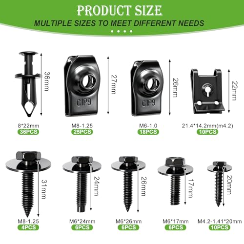 mxuteuk 100PCS U-Nut Clips & Hex Head Automotive Body Fender Bolts Kit,M4.2/M6/1/4/M8 Automotive Bolt for Most Cars Fender,Engine Undertray Cover, Engine Cover & Bumper Fender Liner - color: M4.2 M6 M8 1/4" Kit