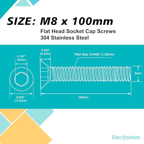 M8-1.25 x 100 mm 10PCS Flat Head Hex Socket Cap Screws, Countersunk Bolts, Stainless Steel 304, Metric Allen Drive, Fully Threaded, Bright Finish - size: M8 x 100 mm(10PCS)