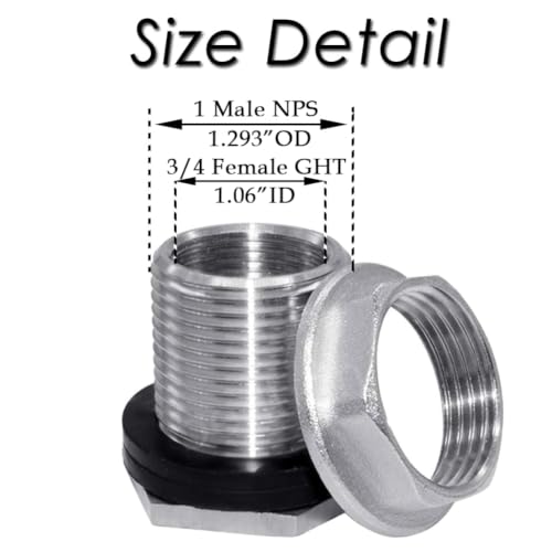 Beduan Stainless Garden Hose Bulkhead Fitting, 1 NPS Male to 3/4 GHT Female Bulkhead Water Tank Connector Thru-bulk Fitting for Rain Barrels, Aquariums, Sinks, Irrigation(Pack of 2) - size: 3/4 GHT to 1 NPS