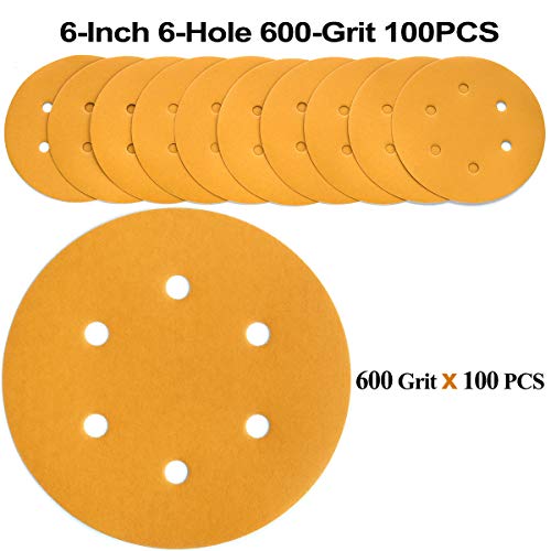 6-Inch 6-Hole Hook and Loop Gold Sanding Discs 600-Grit, 100-Pack