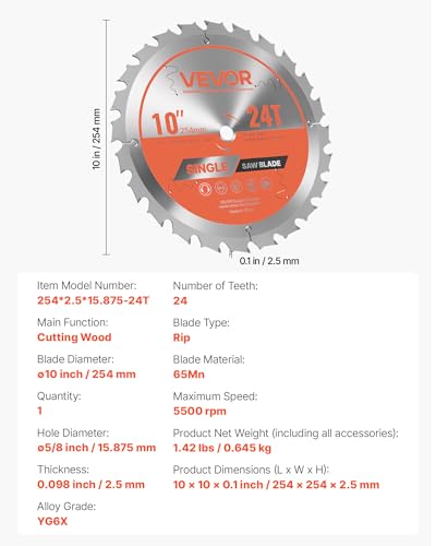 VEVOR Circular Saw Blade, 10 inch Diameter, 24 Sharp Alloy Teeth, 5/8 inch Arbor, Fine Finish, Wood Cutting Blade for Circular Saw, with Noise-Reducing Heat Vents, for Cutting Plywood, OSB, Hardwood - size: 10“ & 24T