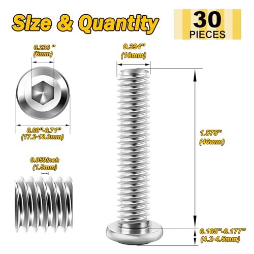 Mywish M10 x 40mm 30Pcs Silver Flat Head Hex Socket Cap Screws Bolts, 304 Stainless Steel Furniture Bolts Full Thread & Hex Spanner - color: Silver-M10, size: 40mm