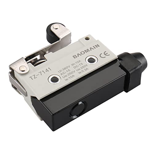 BAOMAIN Limit Switch TZ-7141, Short Hinge Roller Lever Actuator, 1NO+1NC SPDT, 10A 250VAC Heavy Duty Industrial Horizontal Travel Switch for CNC and Automation, IP65 Waterproof