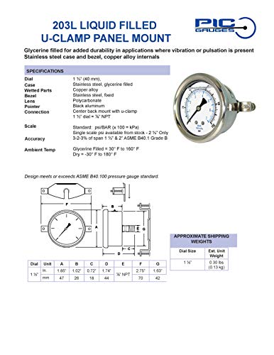 PIC Gauges 203L-158F U-Clamp Panel Mount Glycerine Filled Pressure Gauge w/ SS Case/Bezel, Brass Internals, PC Lens, 1.5" Dial, 0/160 psi Range, 1/8" Male NPT - style: 0 - 160 PSI
