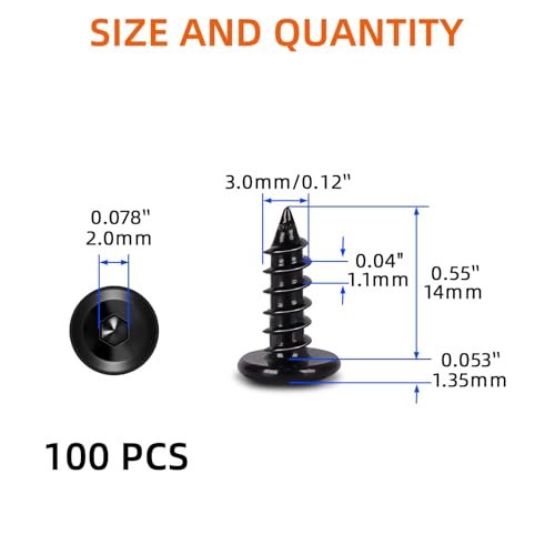 M3 x 14mm Flat Head Socket Cap Self Tapping Screws, 304 Stainless Steel, Hex Drive, Black Finish, 100 PCS - size: M3 x 14mm