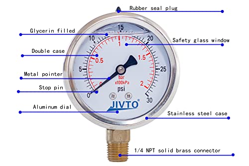 Pressure Gauge,Glycerin Liquid Filled,2-1/2" Dual Scale Dia,0-30 psi/bar/kpa,1/4" NPT Male Brass Connection,Lower Mount, Stainless Steel Case,for Pneumatic,Pump,Hose,Well Tank,Gas Air Water Oil - size: 0-30 psi, style: lower mount