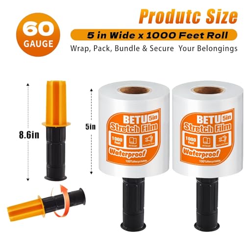 Stretch Film Shrink Wrap for Moving Supplies (5inch, 2 Pack) x 1000ft, Industrial Strength Plastic Wrap Stretch Roll for Pallet Wrapping Shipping Moving Boxes Storage Furniture with Handles, Clear - color: Clear, size: 5'' | 2 Pack