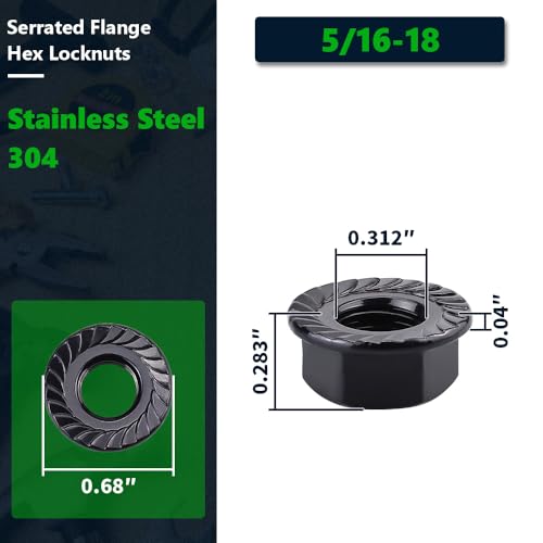 5/16-18 (12 Pack) Serrated Flange Hex Nuts, 304 Stainless Steel 18/8 Flange Nuts, UNC Coarse Thread Black Coated