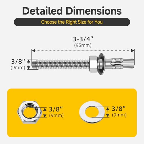 Mywish (50-Pack) 3/8" x 3-3/4" 304 Stainless Steel Wedge Anchors for Concrete and Cement, Plain Finish Heavy-Duty 3/8" Stainless Steel Masonry Anchors Bolts for Outdoor - size: 3/8 x 3-3/4"