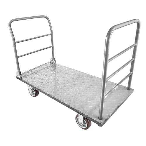 VEVOR 2 in 1Platform Truck, 2650 LBS Heavy Duty Flatbed Cart Dolly with Detachable Rear Guardrail and Swivel Wheels, Foldable Hand Push Truck Cart for Groceries, Garage, Warehouse (48"×24") - size: 48.0 x 24.0 x 36.2 in/1220 x 610 x 920 mm