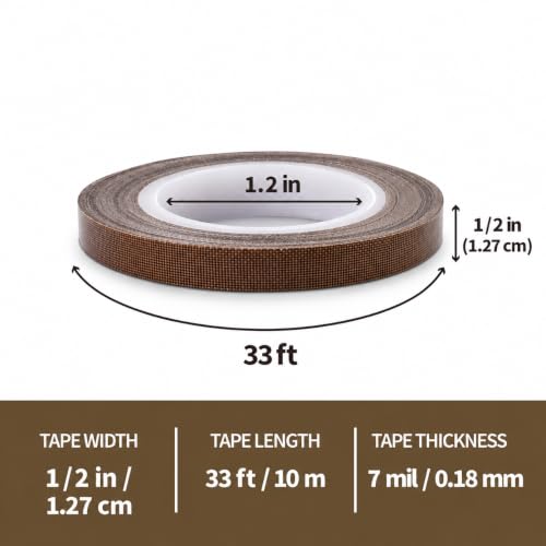 Teflone Tape for Vacuum Sealer Machine, Hand and Impulse Sealers, 1/2-inch x 33 Feet, High Temperature PTFE Fiberglass Adhesive Tape - size: 1/2 in x 33 ft