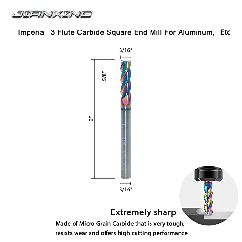 3/16" Carbide Square End Mill, 3 Flute, DLC Coating, 4 Pcs - size: 3/16" (4 Pieces)