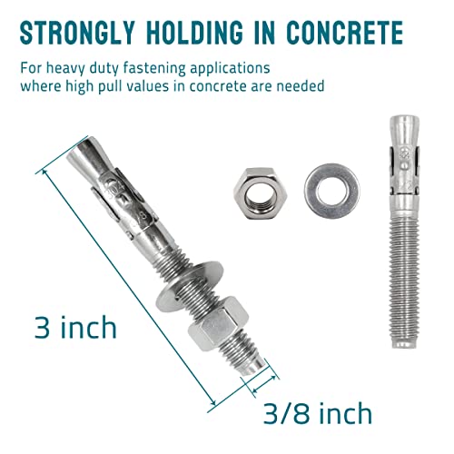 3/8 Concrete Anchors, Stainless Steel Wedge Anchors, 5 Pack - size: 3/8" x 3"