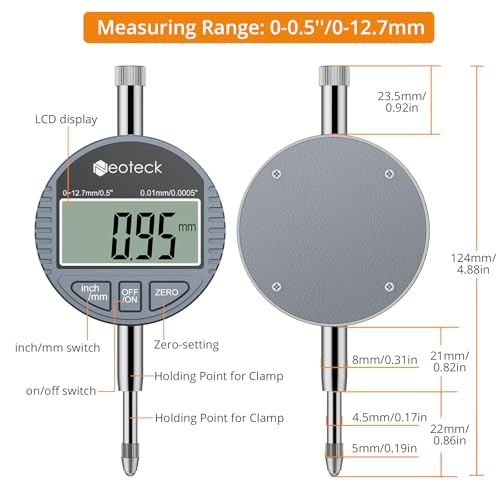 Neoteck 0-12.7mm/0.5" Digital Dial Indicator 0.01mm/0.0005" with Resolution - color: Silver Gray, size: 0-0.5''/0.0005''