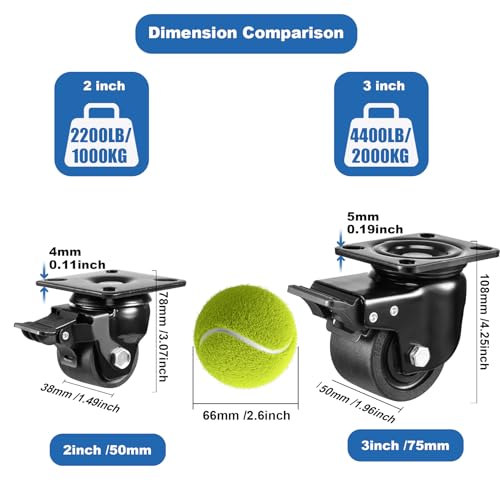 W B D WEIBIDA 2-inch Plate Swivel Caster Wheels Set of 4 Heavy Duty, Load Capacity 2200lbs, Low Gravity Center Black Extra Width Caster with Brake, Durable & Quiet & Sturdy Nylon Wheels for Industrial - style: 2 inch(Metal)
