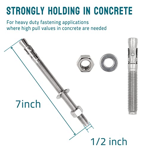 1/2 Concrete Anchors, Stainless Steel Wedge Anchors, 2 Pack - size: 1/2" x 7"