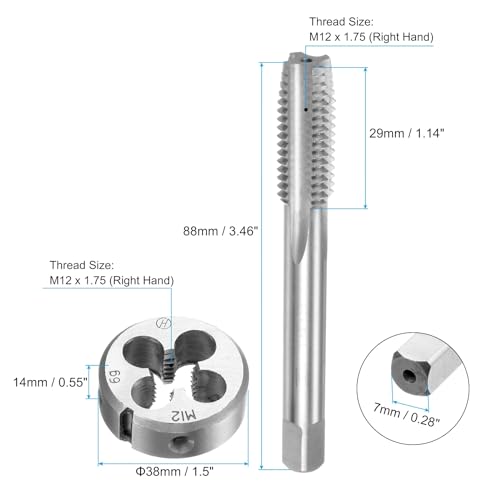 uxcell 3pcs Metric Hand Tap and Die Set, M12 x 1.75 Taper/Plug Thread Taps & Round Die, Hand Threading Tapping Tool Kit for Thread Repair - size: M12 x 1.75