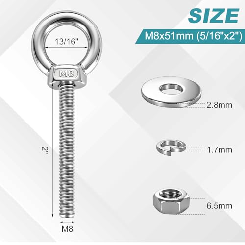 2 Pack M8 Heavy Duty Eye Bolts, 304 Stainless Steel Eye Bolts with Nuts 5/16" x 2", Eye Bolts Heavy Duty for Wood Mounting Indoor Outdoor Hanging - size: M8x51mm(5/16"x2")