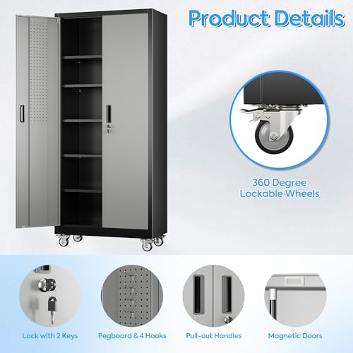 Reemoon 71" H Metal Garage Storage Cabinet with Wheels,Pegboard,Shelves - color: Black-dark Grey, size: 18"D x 34"W x 71"H